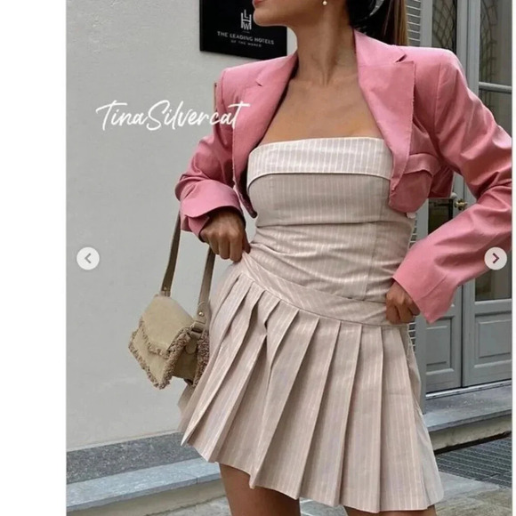 Zara Strapless Striped Pleated Hem Mini Dress Pale Pink Size Small - Picture 7 of 15